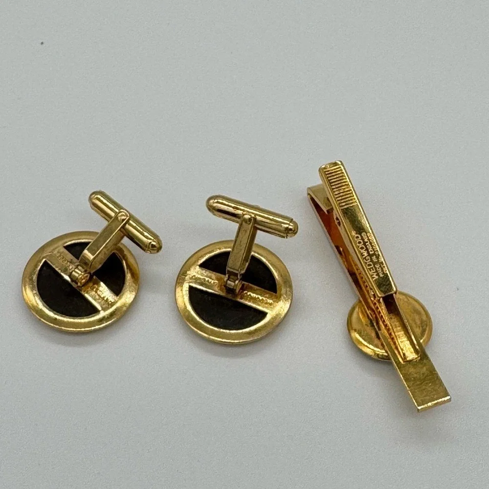 Wedgwood black Cameo Cufflinks Tie Clip‎ Set Gold Tone Mens Formal Gift for him